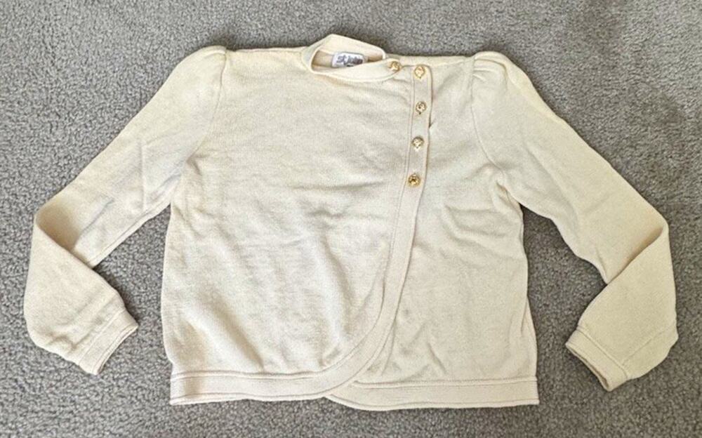 Vintage St John Marie Gray Cream Knit Wrap Cardigan Rhinestone Buttons Women
